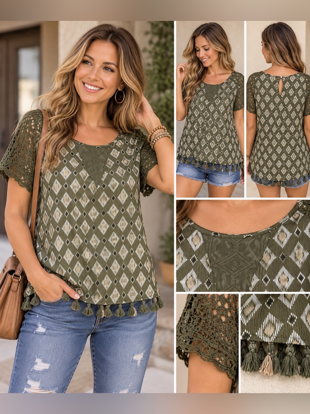 Cato, Olive Green Diamond Tassel Crochet Sleeve Women's Top, Large
